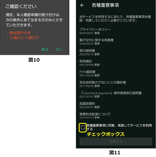 図10 本人確認できる条件と図11 重要事項確認画面